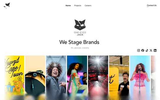 One-eyed Jack home page with its fox-head logo, the words We Stage Brands and a strip of event photographs.