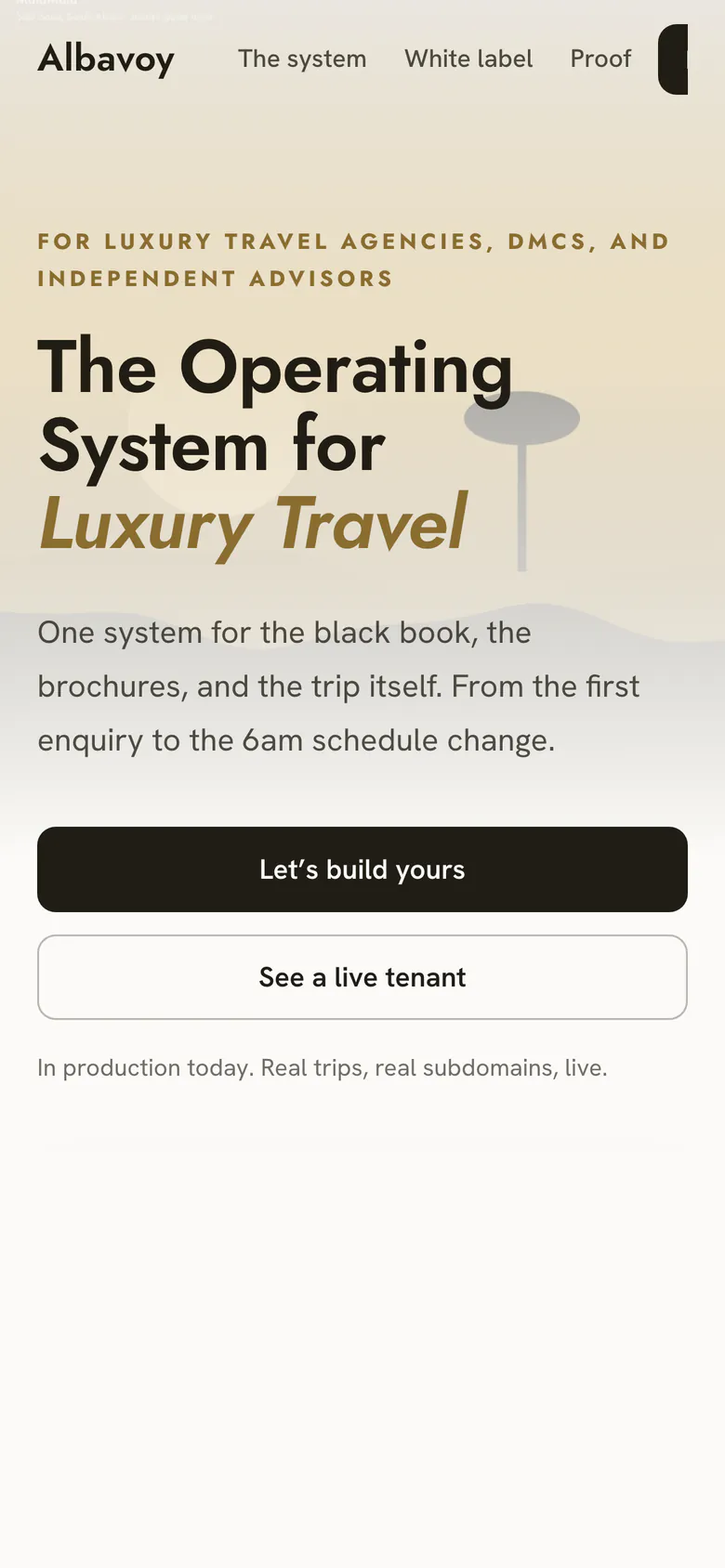 The albavoy.com home page on a phone: one system for the black book, the brochures, and the trip itself