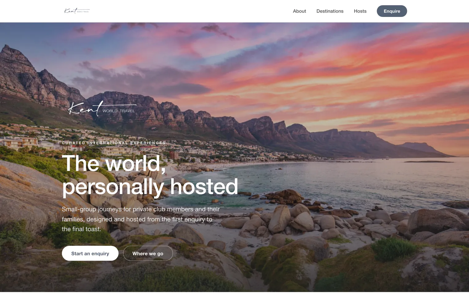 The Kent World Travel website on a computer: The world, personally hosted, with Start an enquiry and Where we go, over a sunset above Camps Bay
