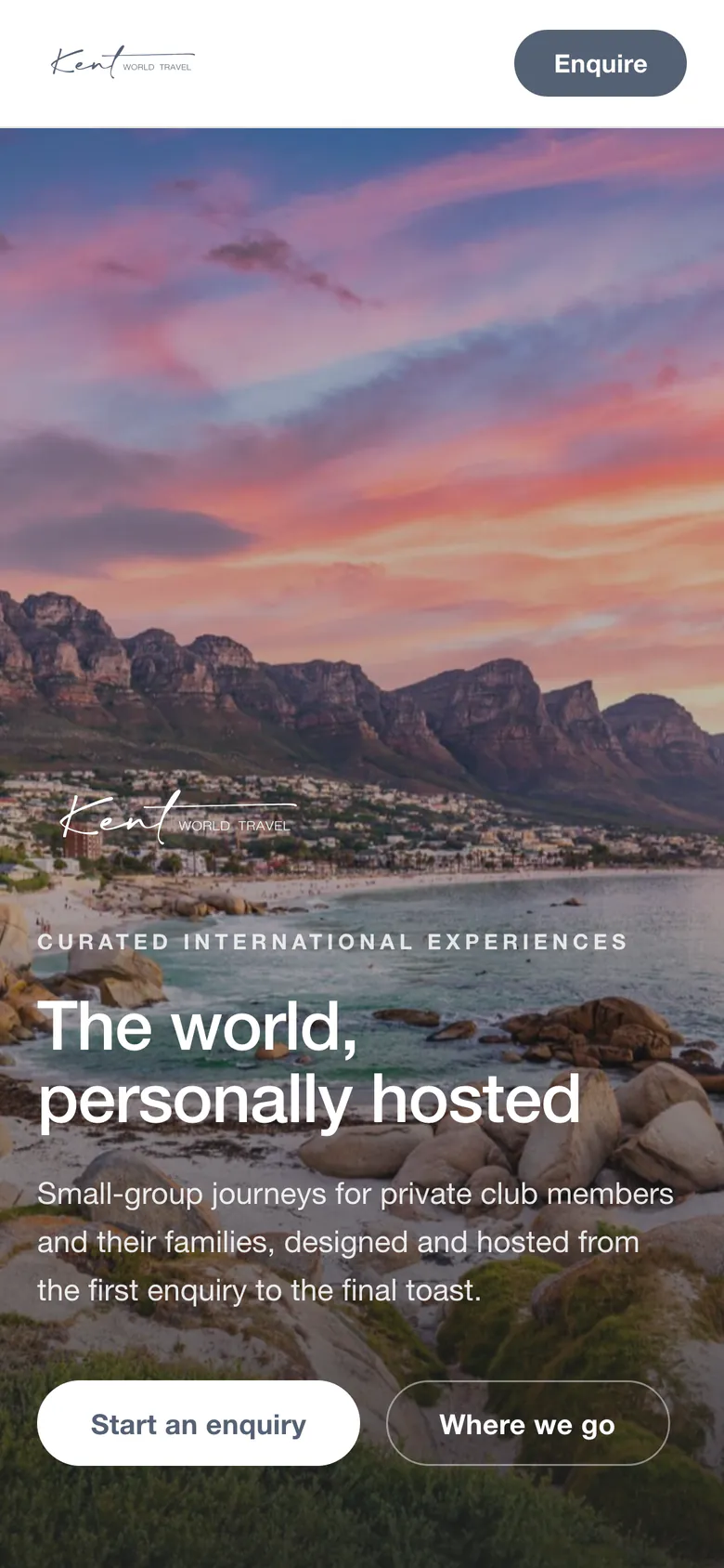 The Kent World Travel website on a phone, The world, personally hosted, over a sunset above Camps Bay and the Twelve Apostles