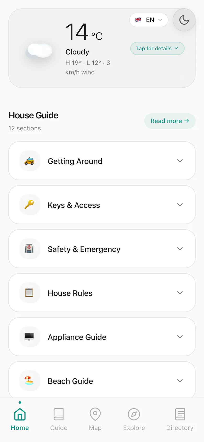 A guest guide on a phone: the day’s weather, the House Guide from Getting Around to Beach Guide, and the bar for Home, Guide, Map, Explore and Directory