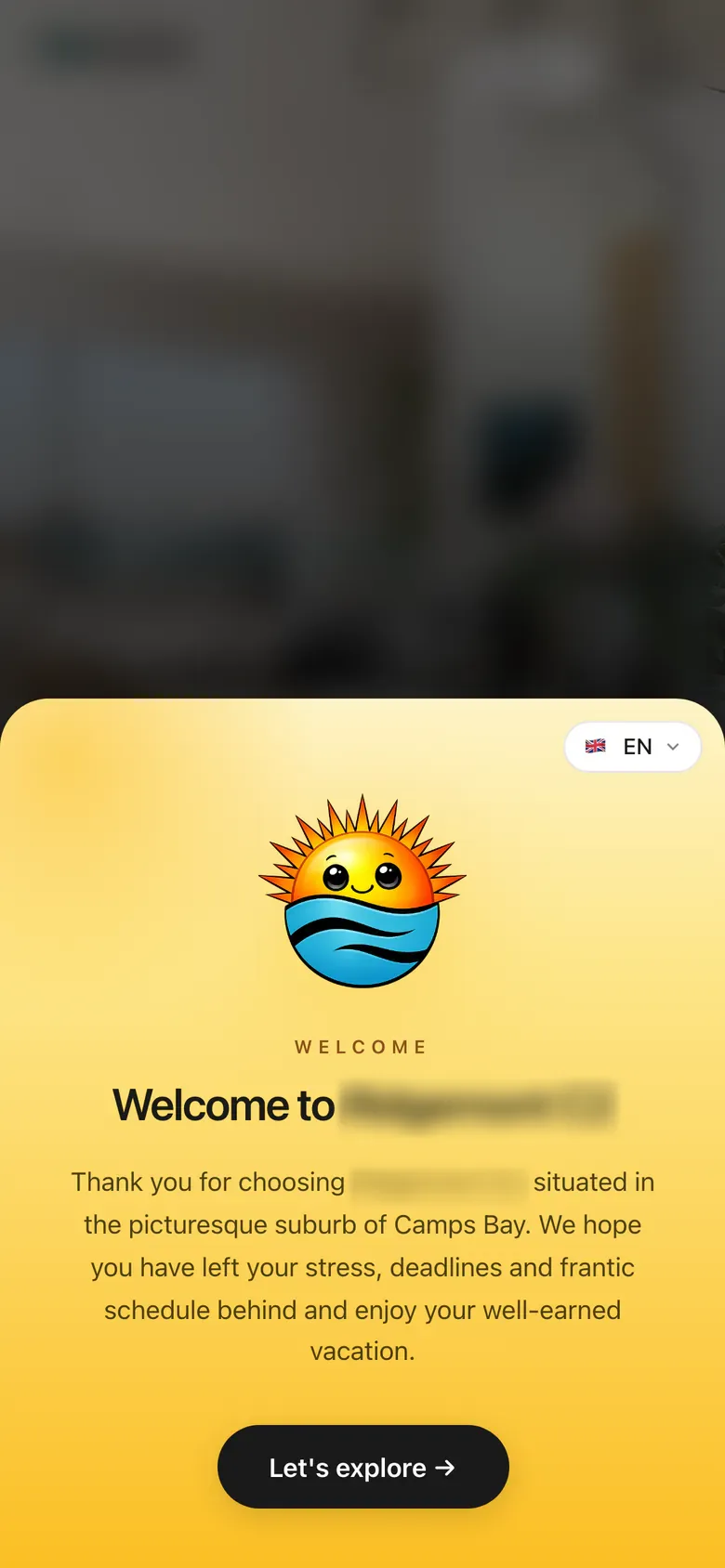 The welcome screen of a guest guide on a phone: a welcome to the home, a short note to the guest and a Let’s explore button