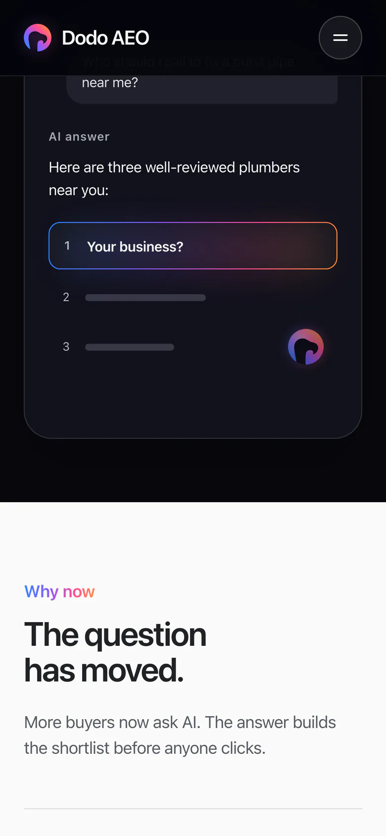 A sample AI answer on a phone, listing three plumbers with Your business? in first place and the round Dodo mark beside the list