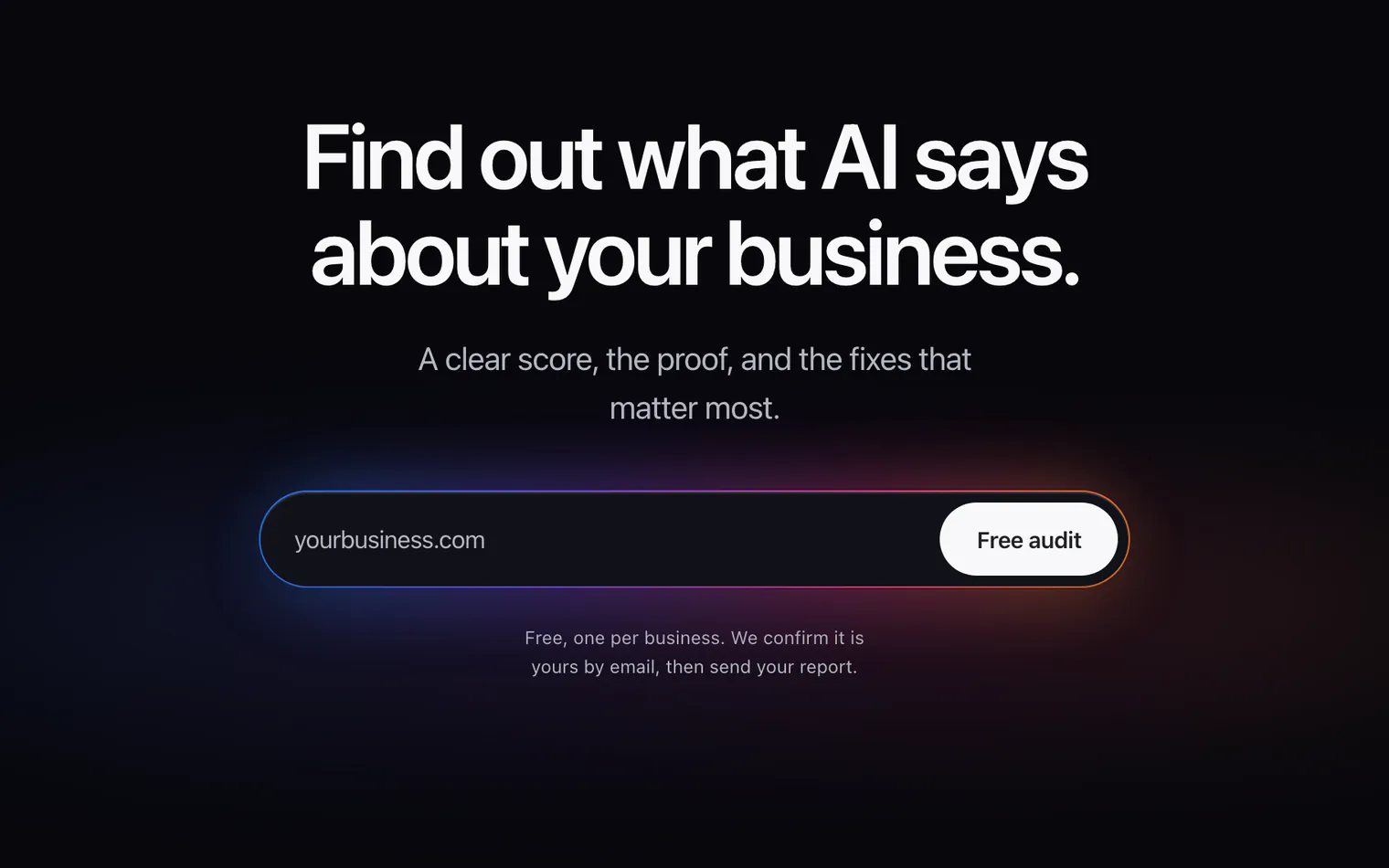 The free audit box on dodoaeo.com, glowing in blue, violet, pink and orange, with a short note that the audit is free and confirmed by email