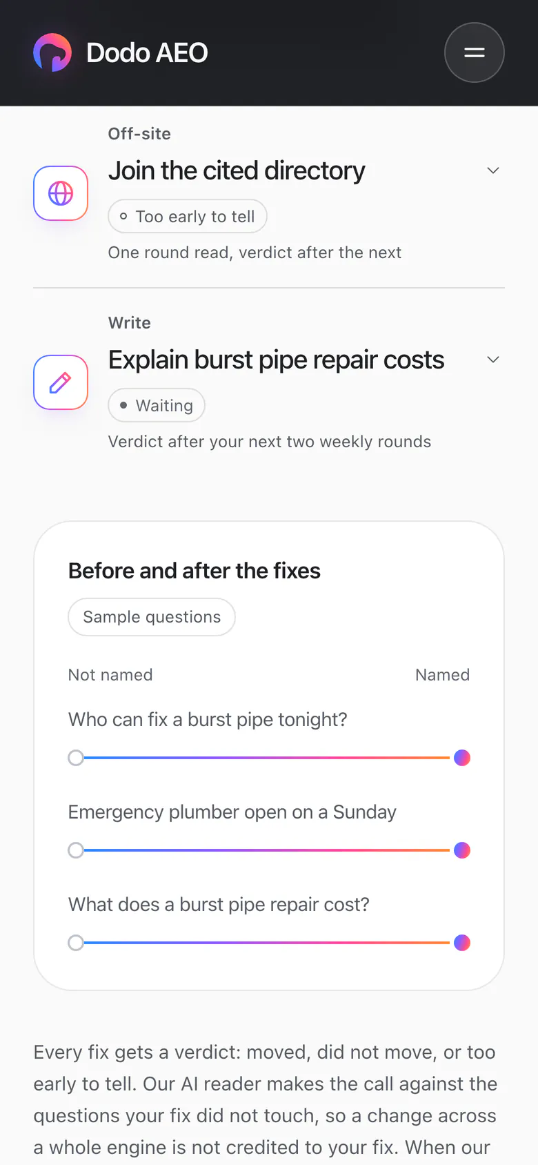 Sample fixes on a phone, each with its verdict, above a before and after chart of sample questions moving from not named to named