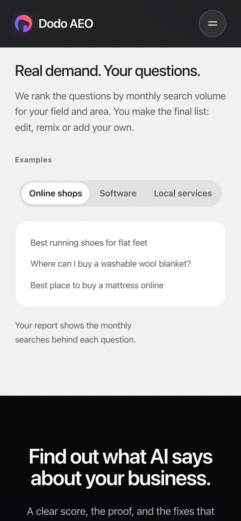 Example questions for online shops on a phone, with tabs for software and local services