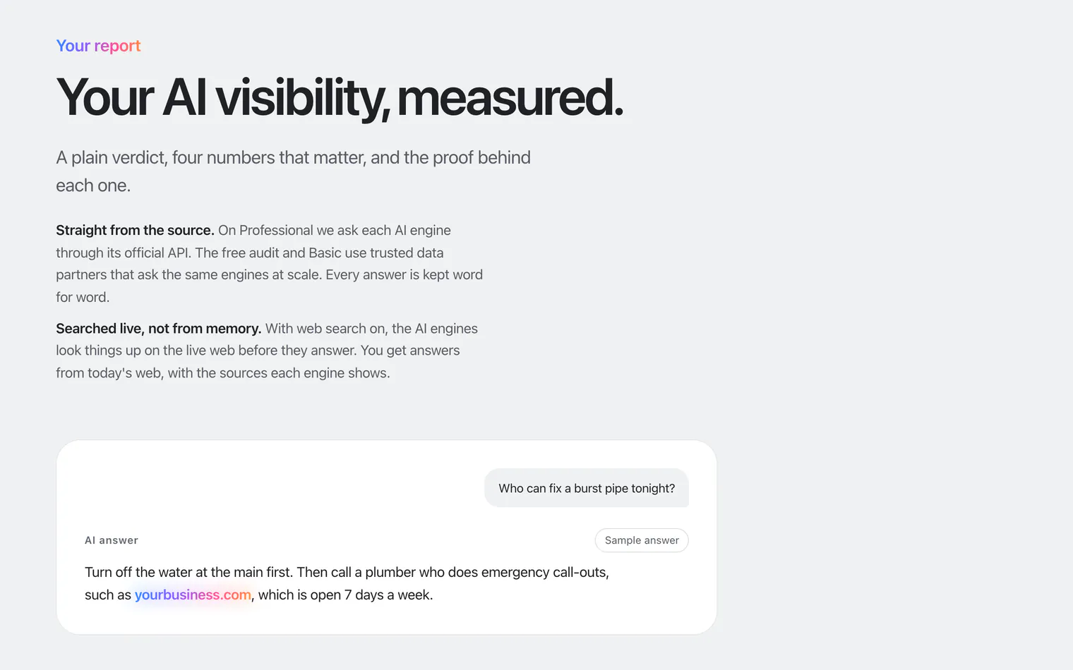 The report section of dodoaeo.com on a computer, above a sample AI answer that names yourbusiness.com