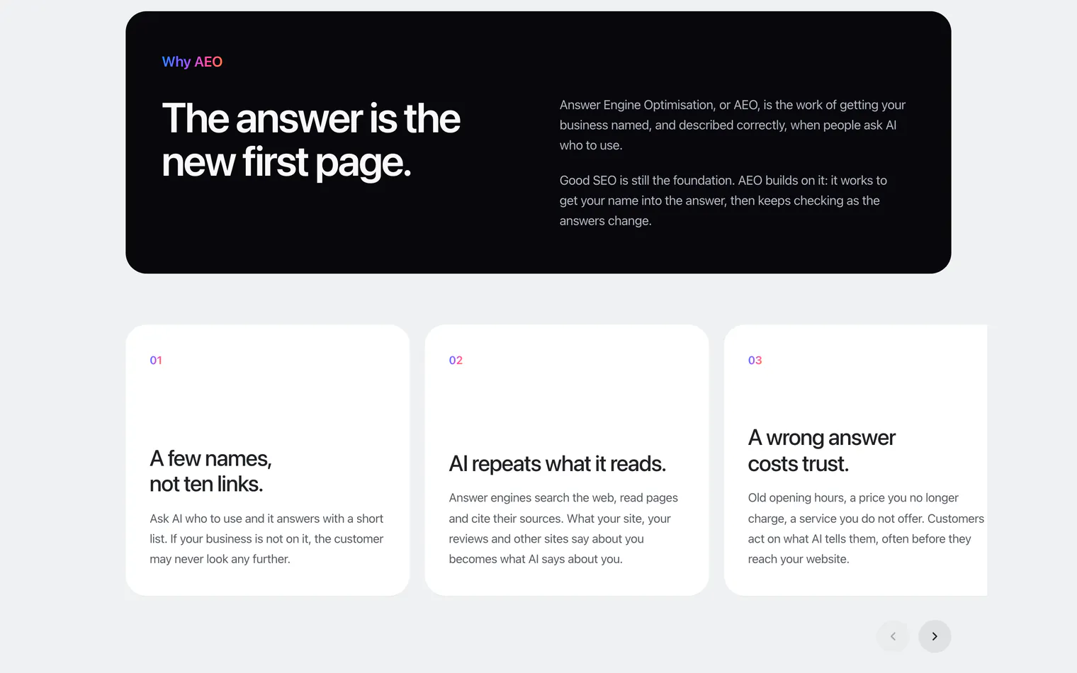 Why AEO on dodoaeo.com: a dark panel that explains answer engine optimisation, above three numbered reasons