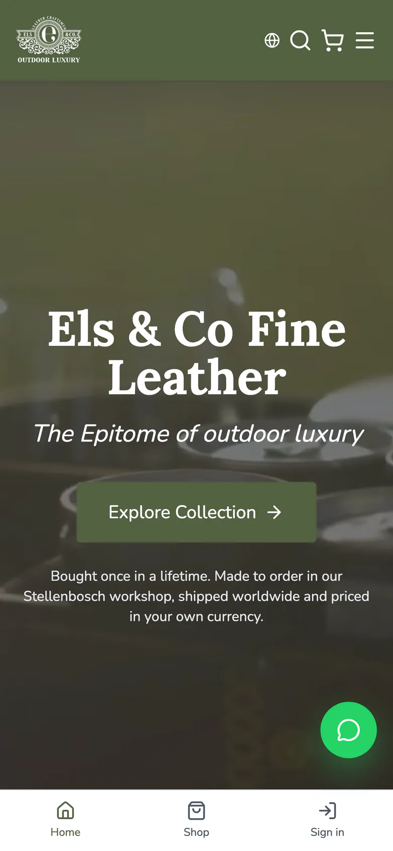 The same home page on a phone, with the Explore Collection button and a bar for Home, Shop and Sign in