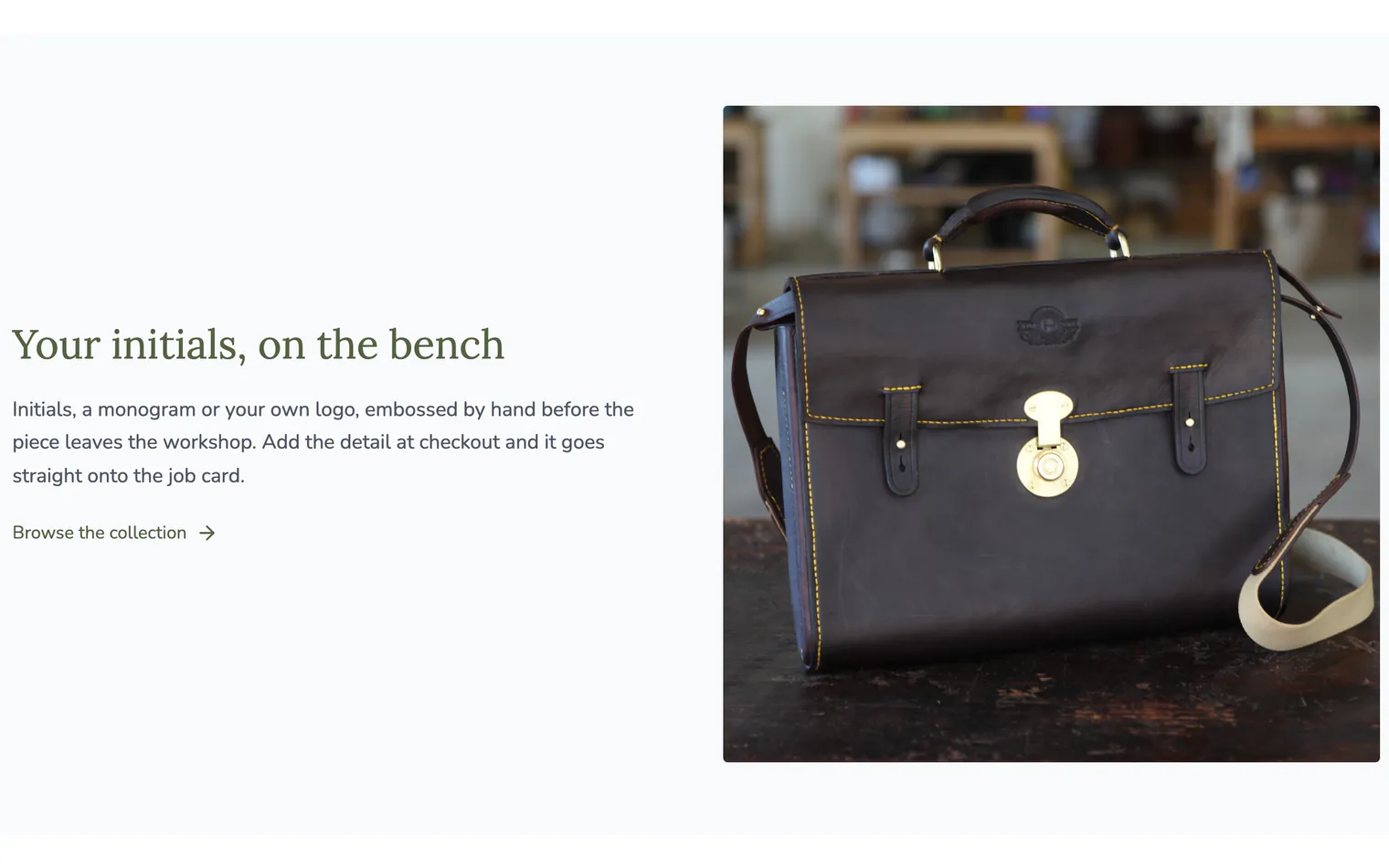 The home page section Your initials, on the bench, beside a photograph of a dark leather briefcase with a brass lock