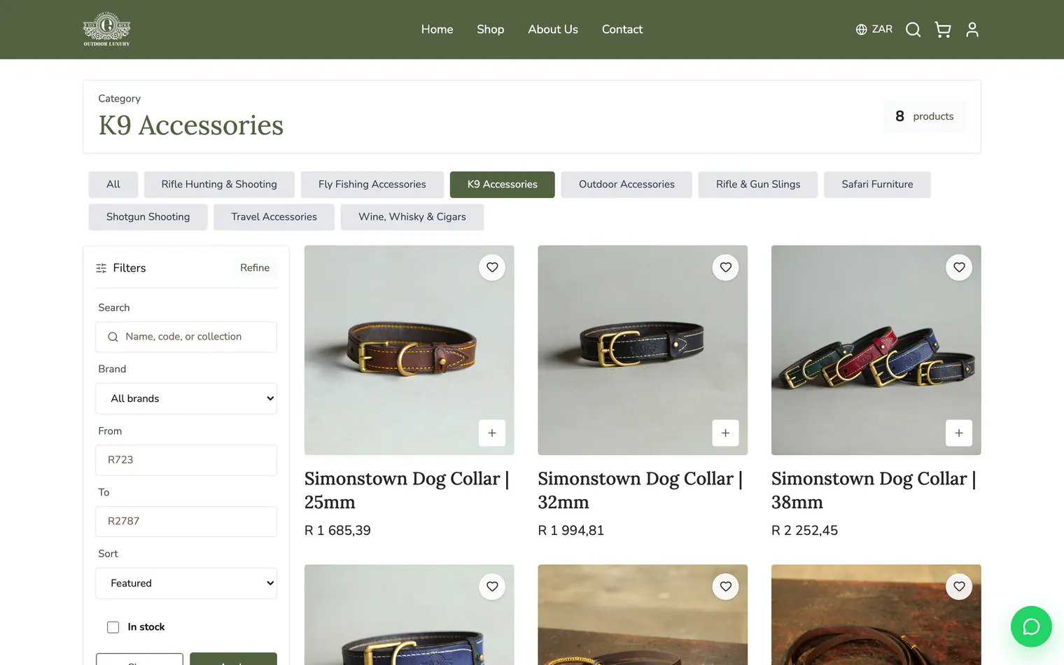 The K9 Accessories category on a computer: eight products, the category buttons, the filters and three leather dog collars