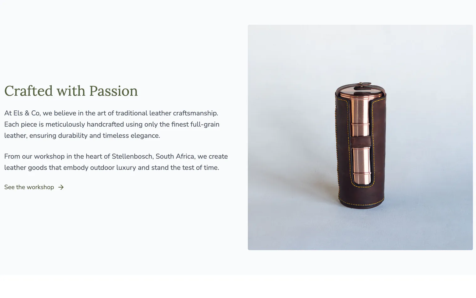 The home page story, headed Crafted with Passion, beside a photograph of a copper tiffin in a stitched leather case