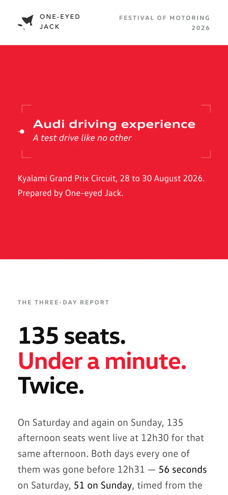 The Audi Driving Experience three-day report on a phone, prepared by One-eyed Jack