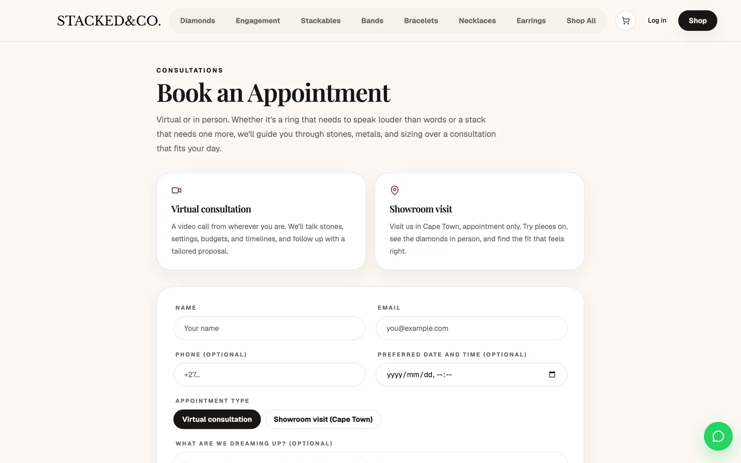 The Book an Appointment page on a computer, with a virtual consultation or a showroom visit and the request form