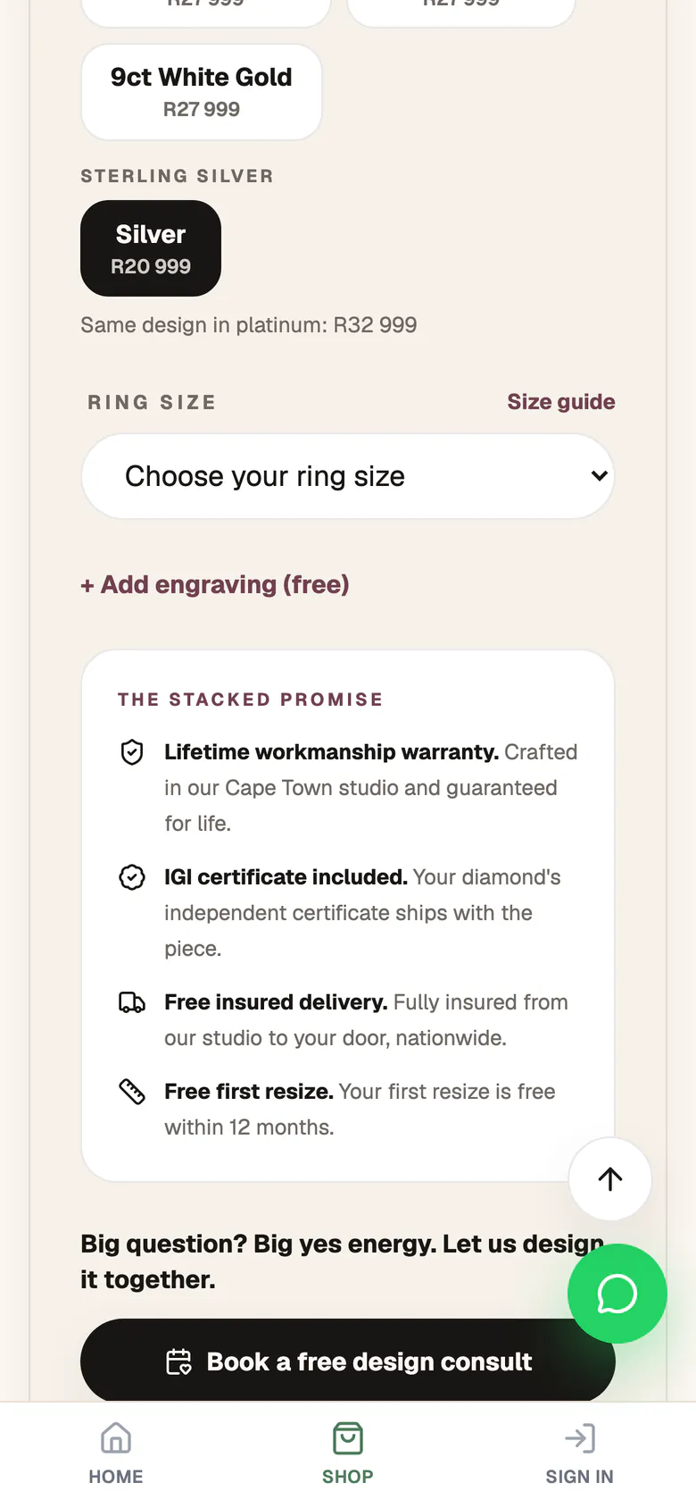 On a phone: the ring size picker, Add engraving (free), the Stacked Promise and a button to book a free design consult
