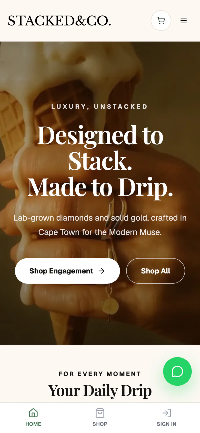 The Stacked&Co home page on a phone, with Shop Engagement and Shop All buttons