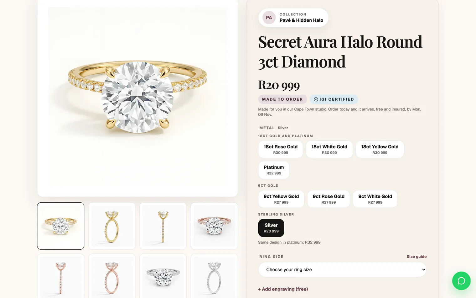 A 3ct round halo ring page on a computer, with a price on each metal, the ring size picker and Add engraving (free)