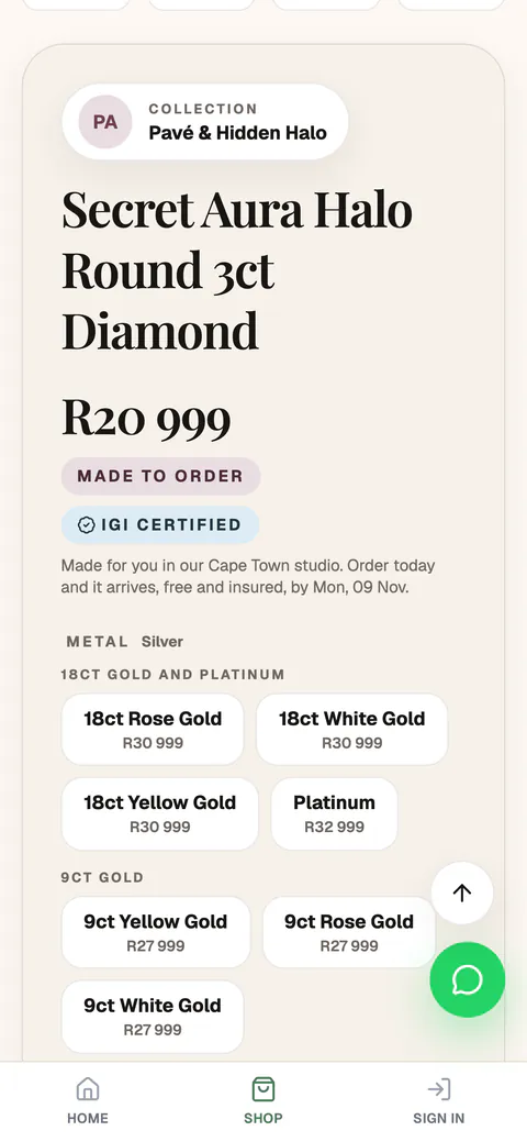 The same ring on a phone: made to order, IGI certified, and its metals with their prices