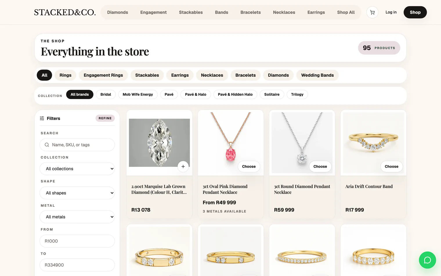 The shop on a computer: categories, collections, filters for collection, shape, metal and price, and the first row of pieces