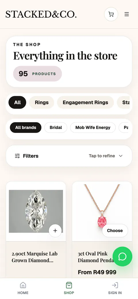 The shop on a phone, with categories, collections and a Filters panel above the pieces