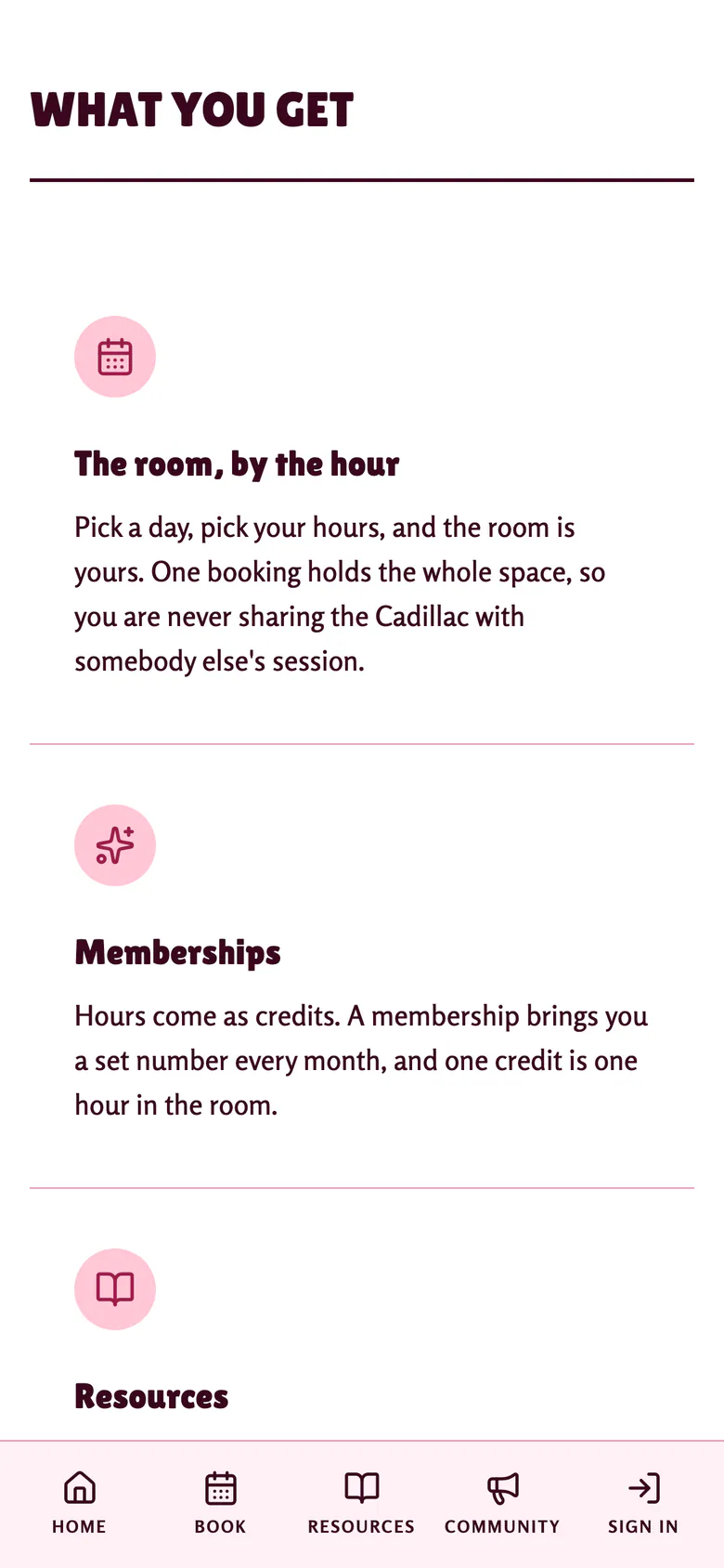 What you get, on the home page on a phone: the room by the hour, where one booking holds the whole space, and memberships, where hours come as credits