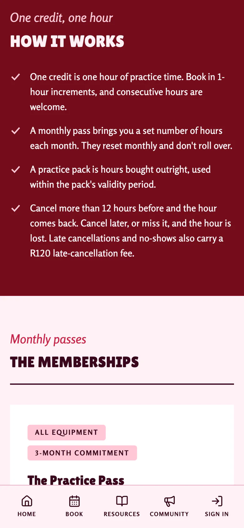 How it works on the memberships page, on a phone: one credit is one hour of practice time, how passes and packs work, and the cancellation rule