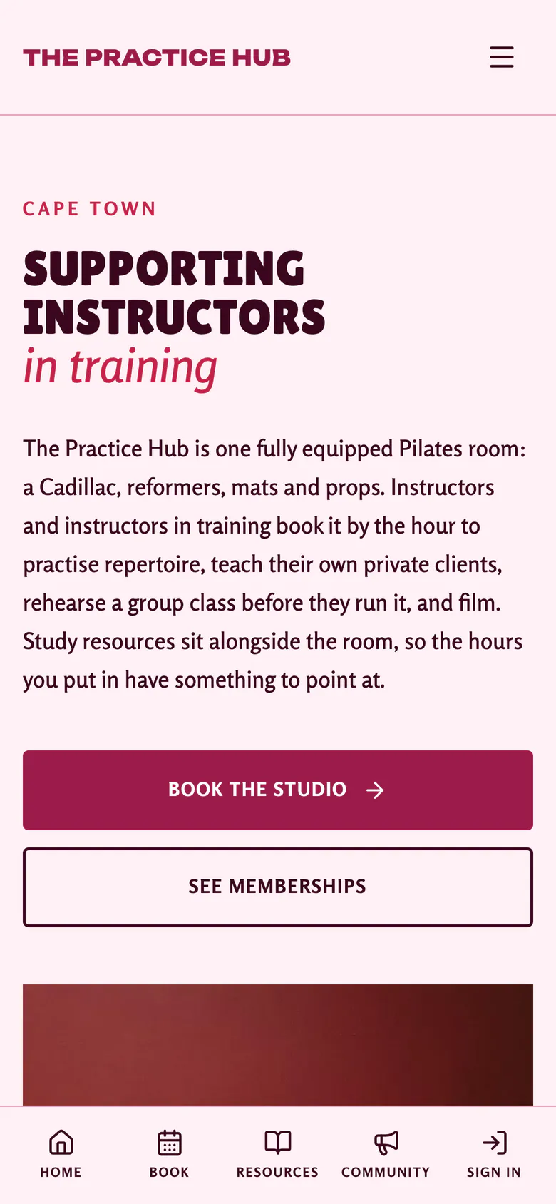 The Practice Hub home page on a phone: Supporting instructors in training, a line on the room, and buttons to book the studio and see the memberships