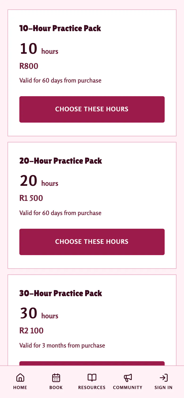 The 10, 20 and 30-hour practice pack cards on a phone, each with how long its hours last and a button to choose it