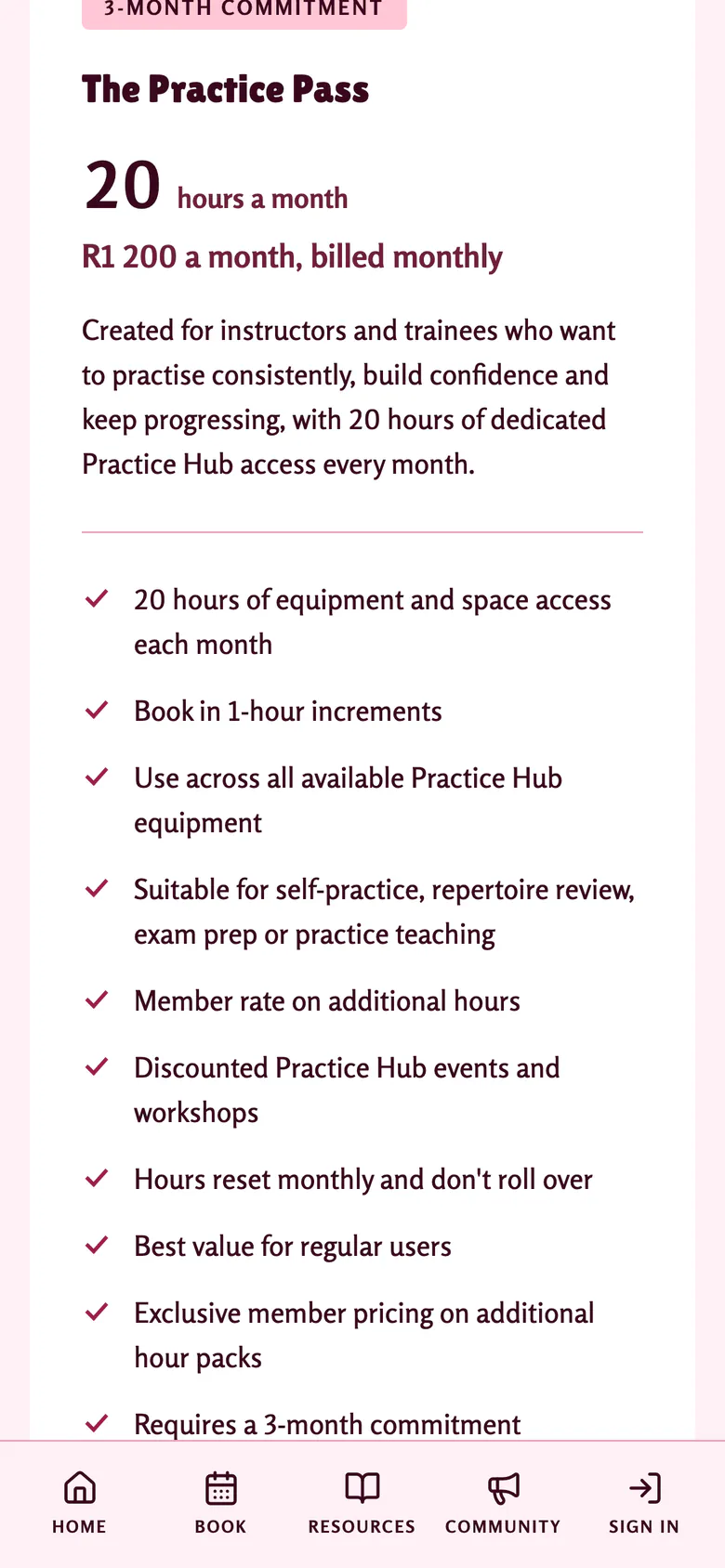 The Practice Pass card on a phone: 20 hours a month, what it is for and a list of what it includes