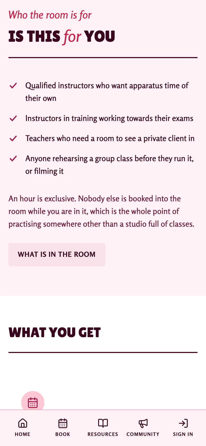 Who the room is for, on the home page on a phone: qualified instructors, instructors in training, teachers seeing a private client, and anyone rehearsing or filming a class